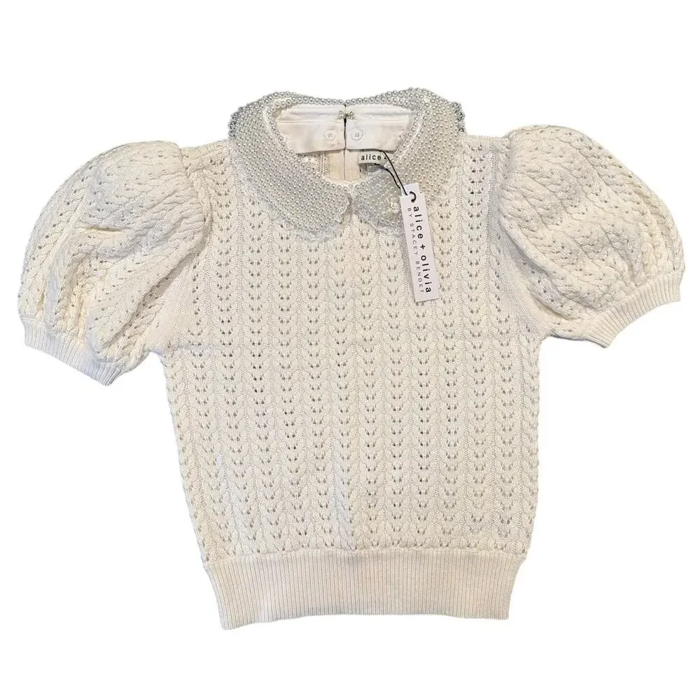 NWT Alice + Olivia Pearl Collar Puff Sleeve Sweater, Small, Cream Cotton Wool - Picture 2 of 9